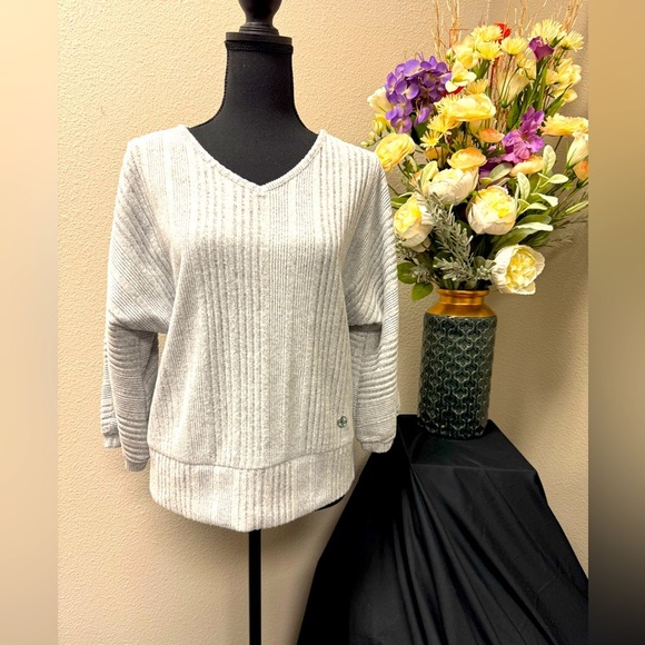 Adrienne Vittadini Gray V-Neck Sweater/Textured Knit peep hole sleeve size Lg - Picture 1 of 13